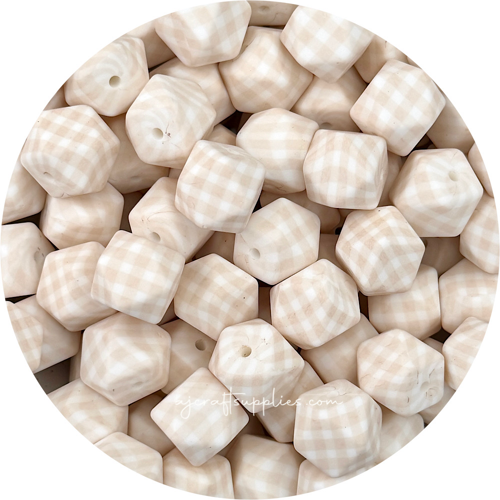 Oatmeal Gingham Print - 17mm hexagon Silicone Beads - 10 Beads