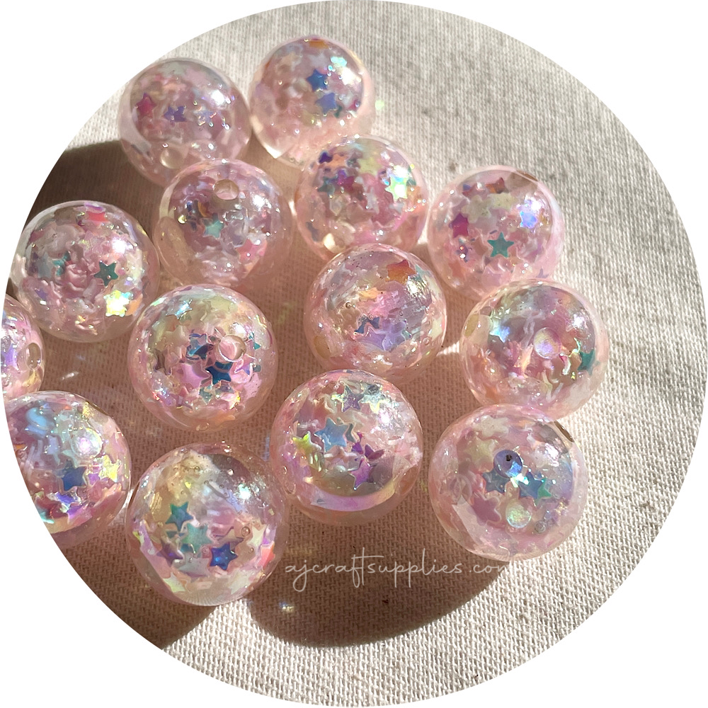 16mm Star Confetti Round Acrylic Beads - Blush Pink - 5 Beads