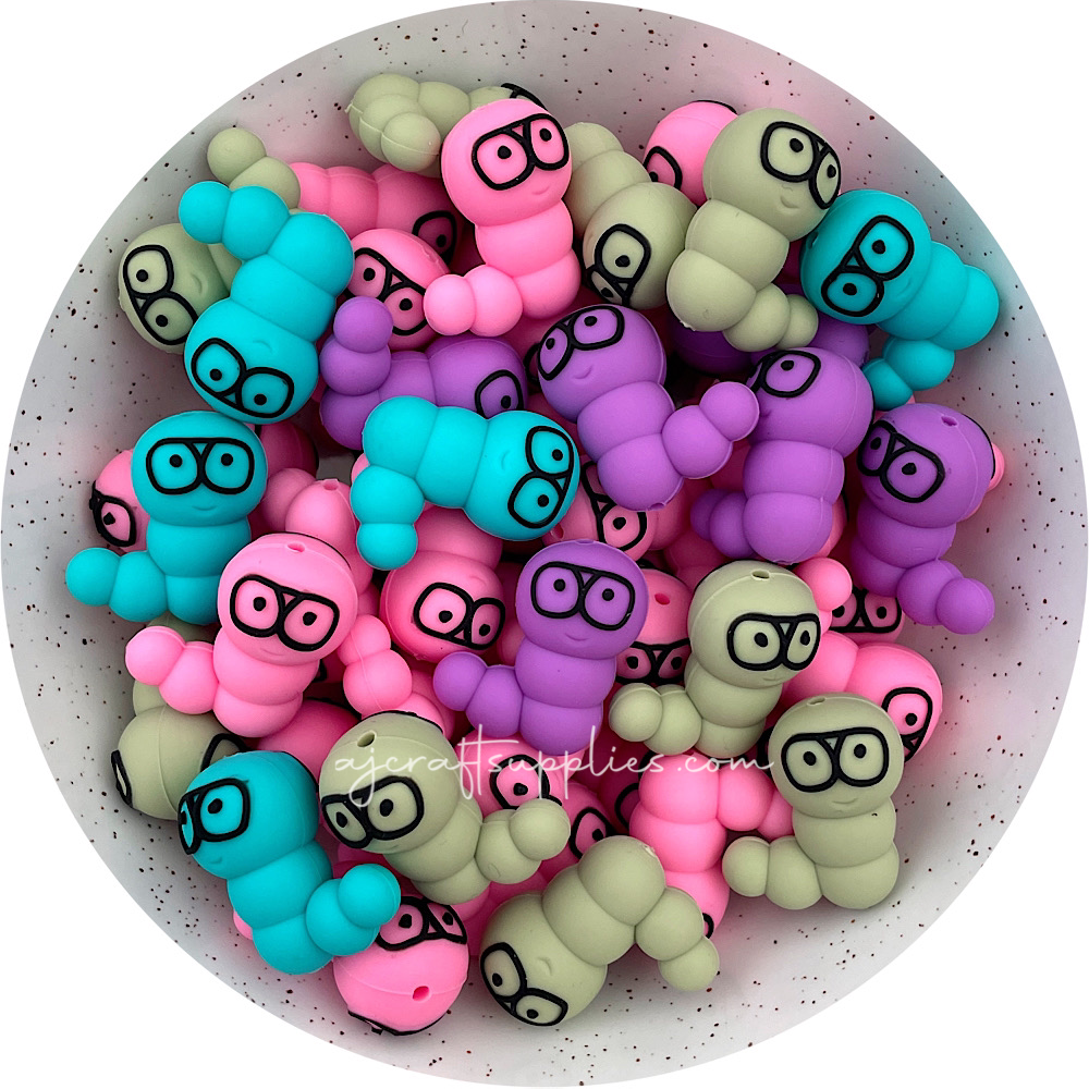 3D Bookworm with Glasses Silicone Focal Beads - CHOOSE YOUR COLOUR - 2 beads