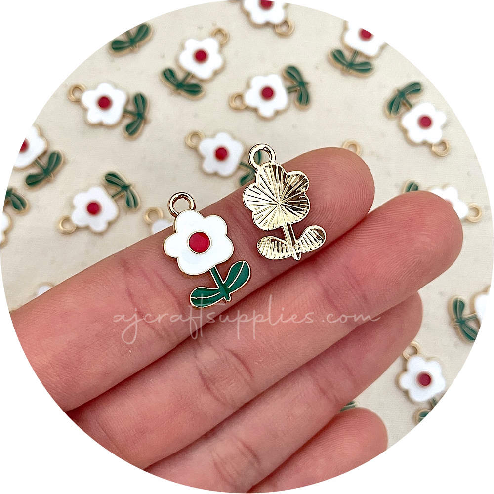 20mm White Flower Enamel Metal Charms - 2 pcs