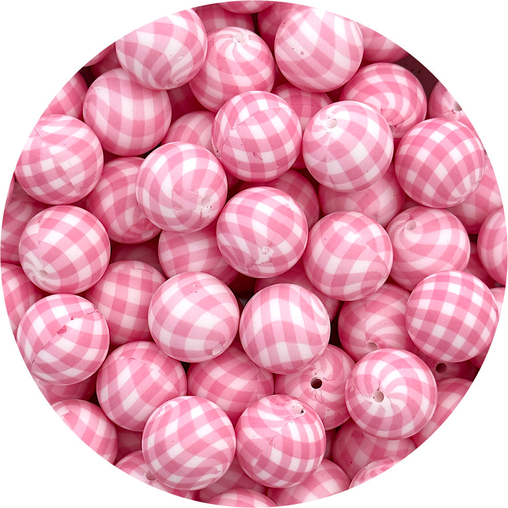 Bubblegum Pink Gingham Print - 19mm round Silicone beads - 5 Beads