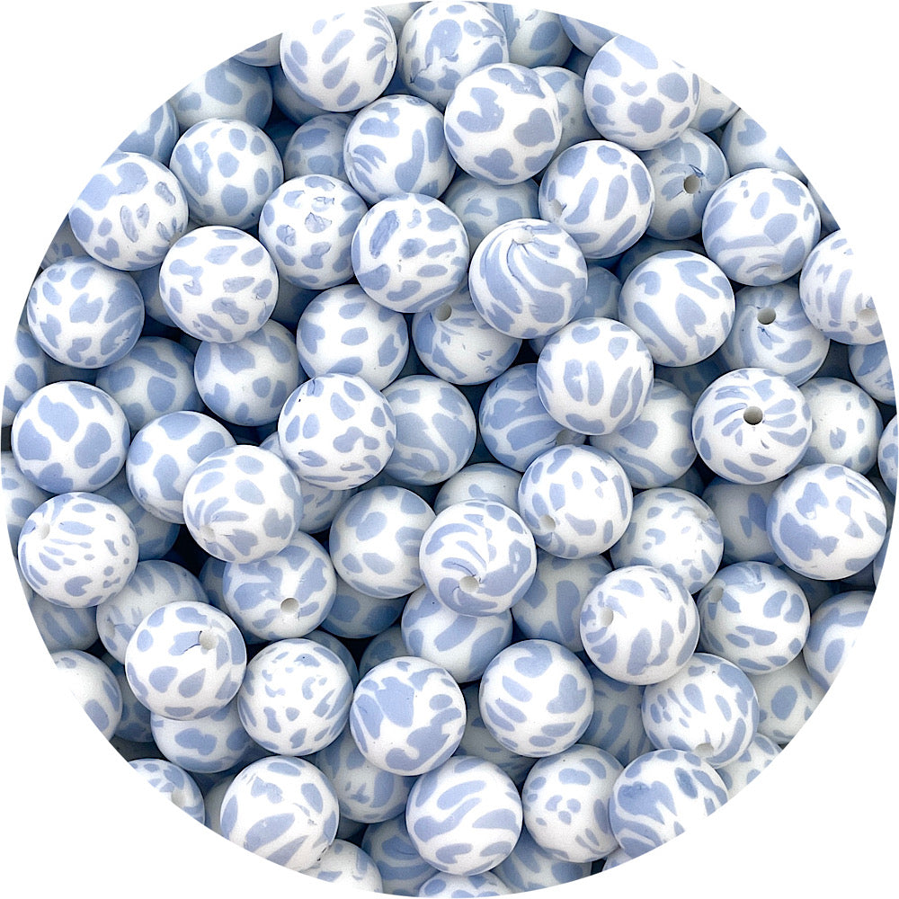 Pastel Blue Cow Print - 15mm round Silicone Beads - 10 Beads