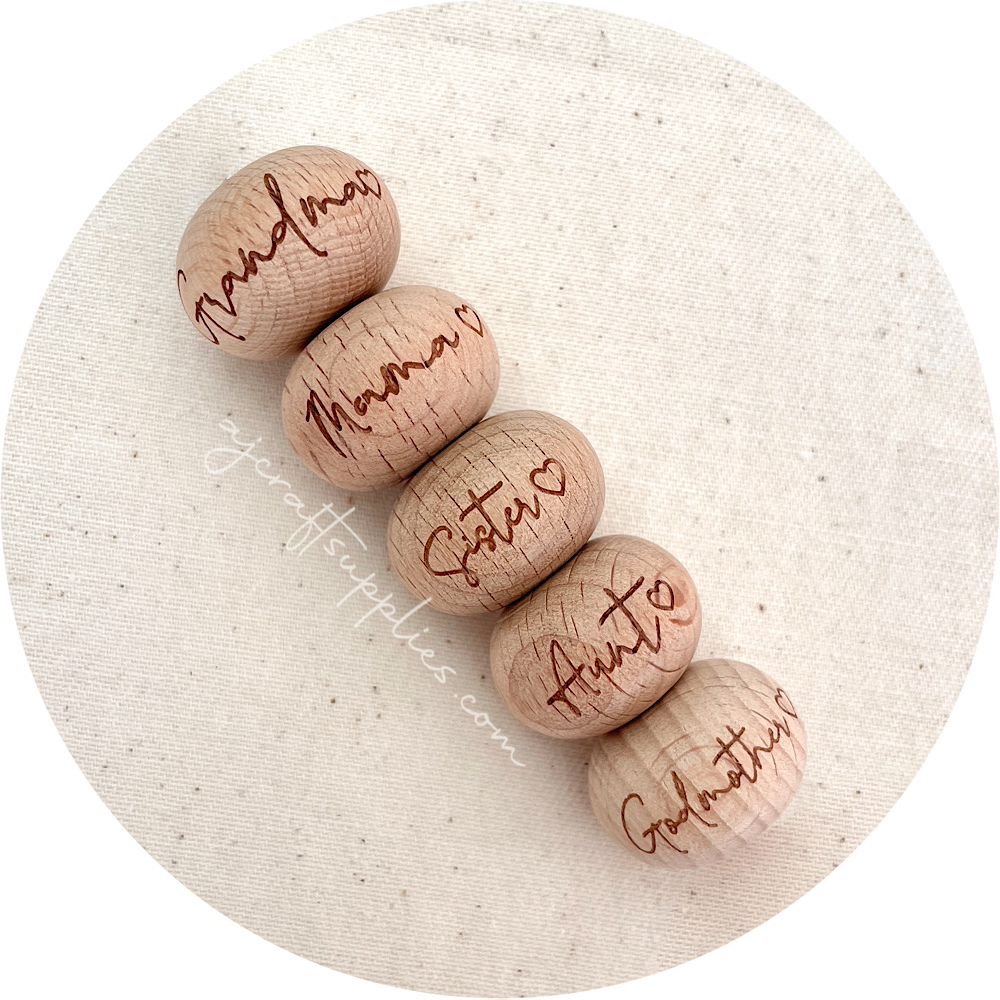Beech Wood Engraved Beads (Mama, Grandma, Aunt, Godmother or Sister) - 22mm abacus - 5 Beads