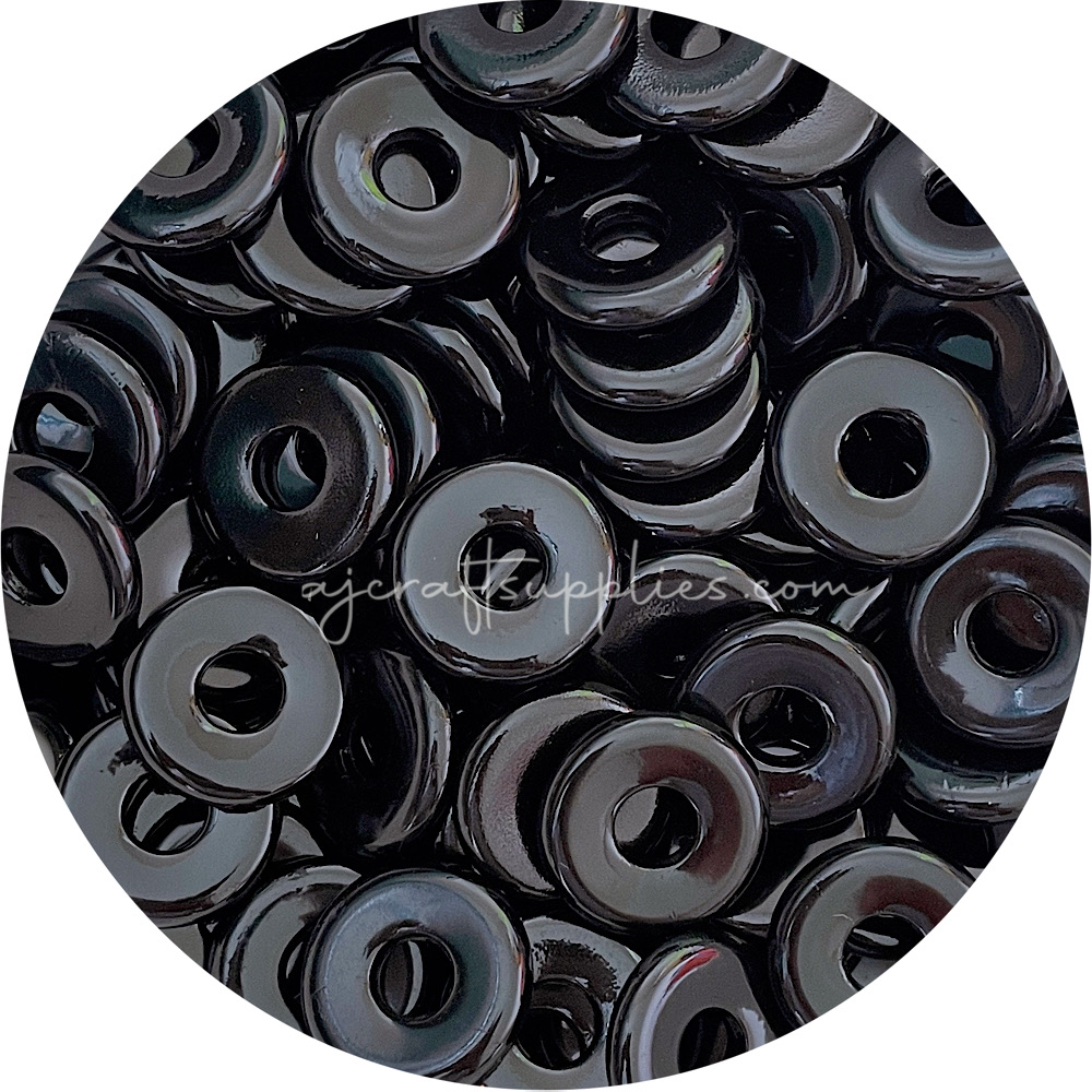 25mm Flat Coin Acrylic Spacer Beads (with Large Hole) - Shiny Black - 5 Beads
