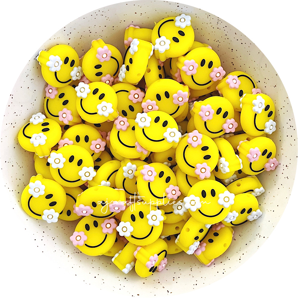 Retro Happy Face Silicone Beads - CHOOSE YOUR COLOUR - 2 beads