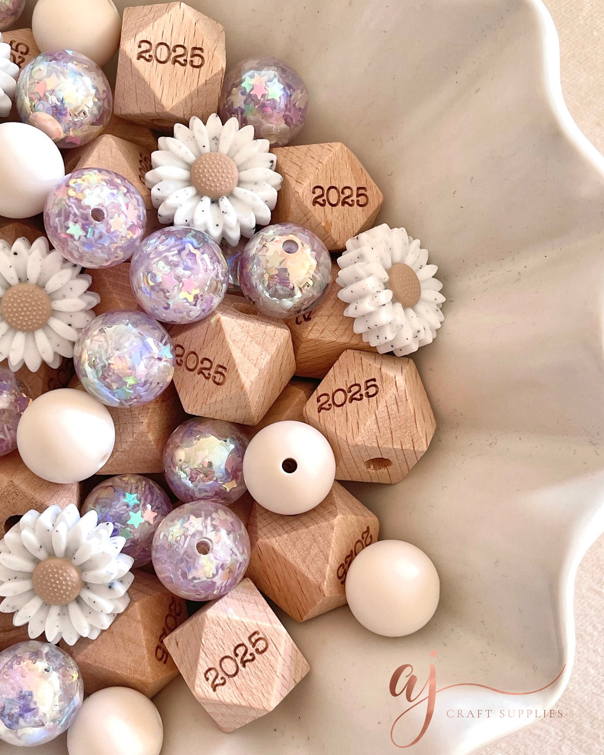 Beech Wood Engraved Beads (2025) - CHOOSE A SIZE - 5 beads