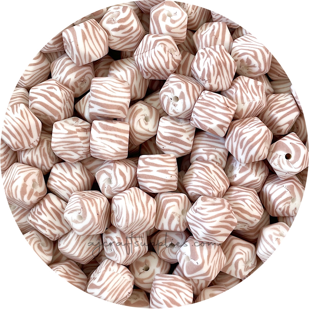 Nude Zebra Print - 14mm mini hexagon Silicone Beads - 5 Beads