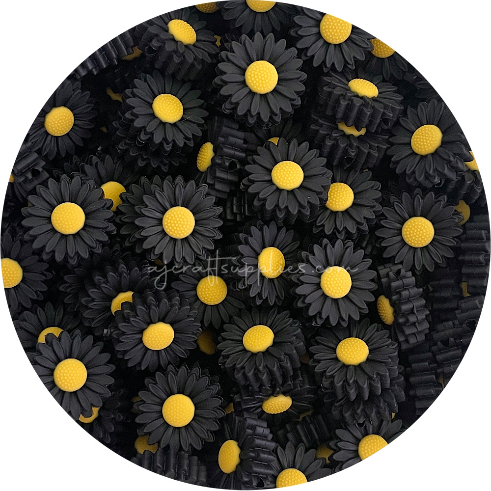 Jet Black - 22mm Mini Daisy Silicone Beads - 2 beads