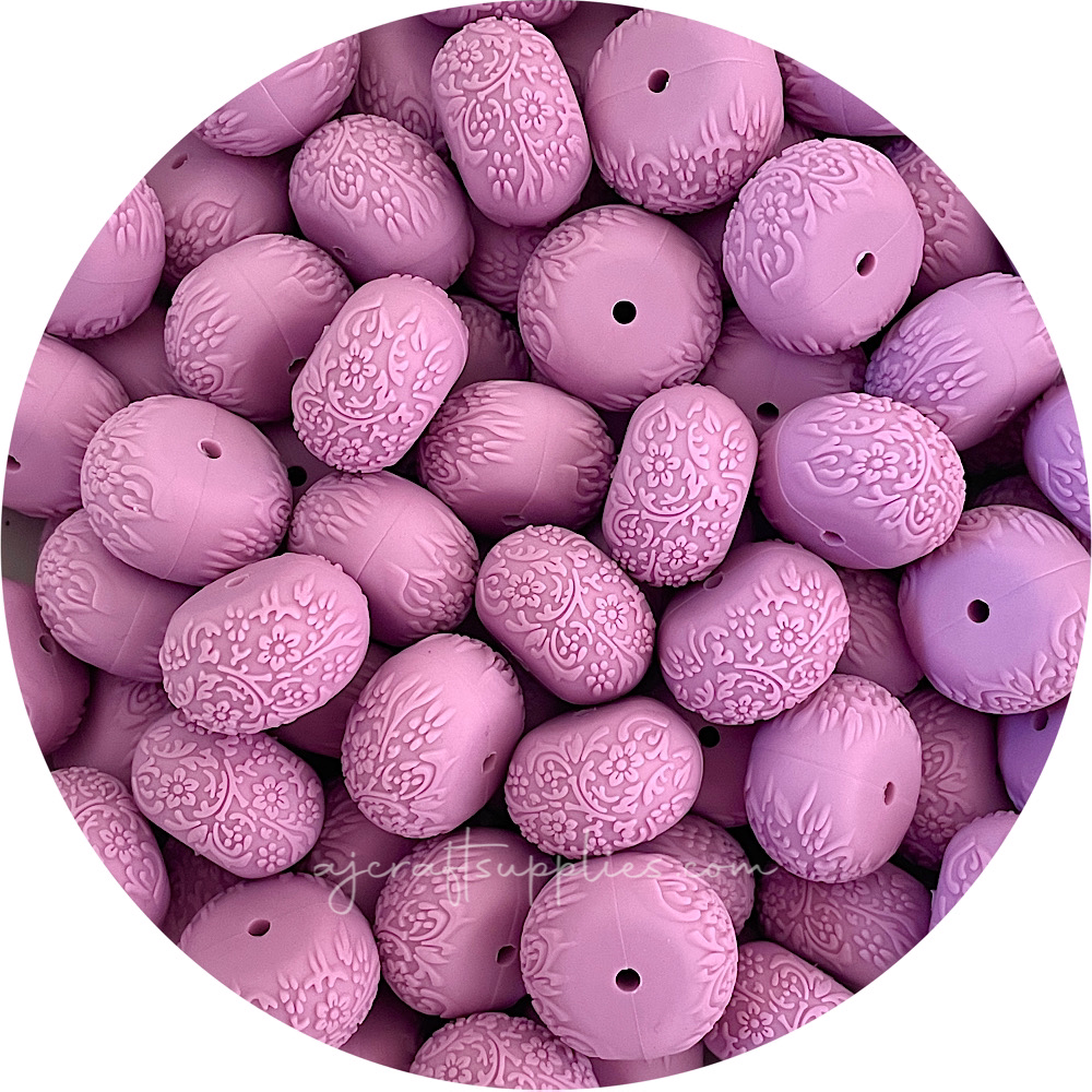 Mauve - 22mm abacus (Floral Embossed) Silicone Beads - 5 Beads