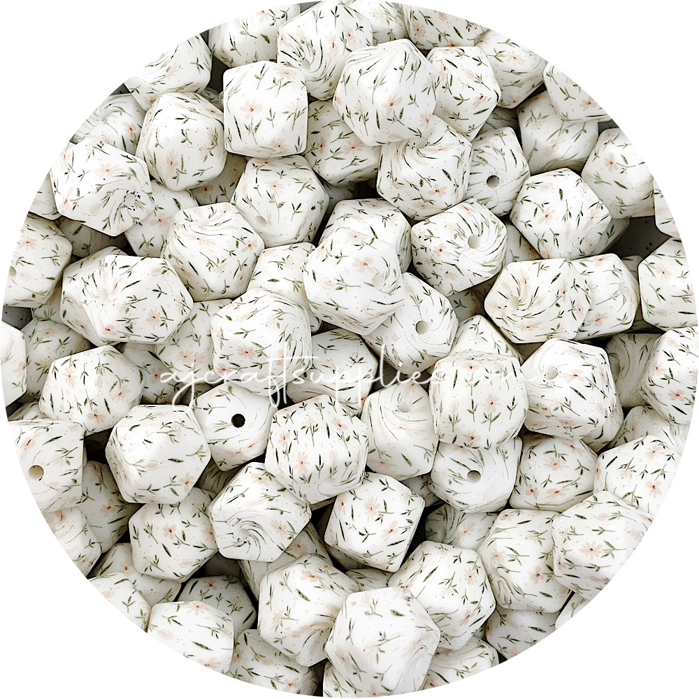 Daisy Print - 14mm mini hexagon Silicone Beads - 5 Beads