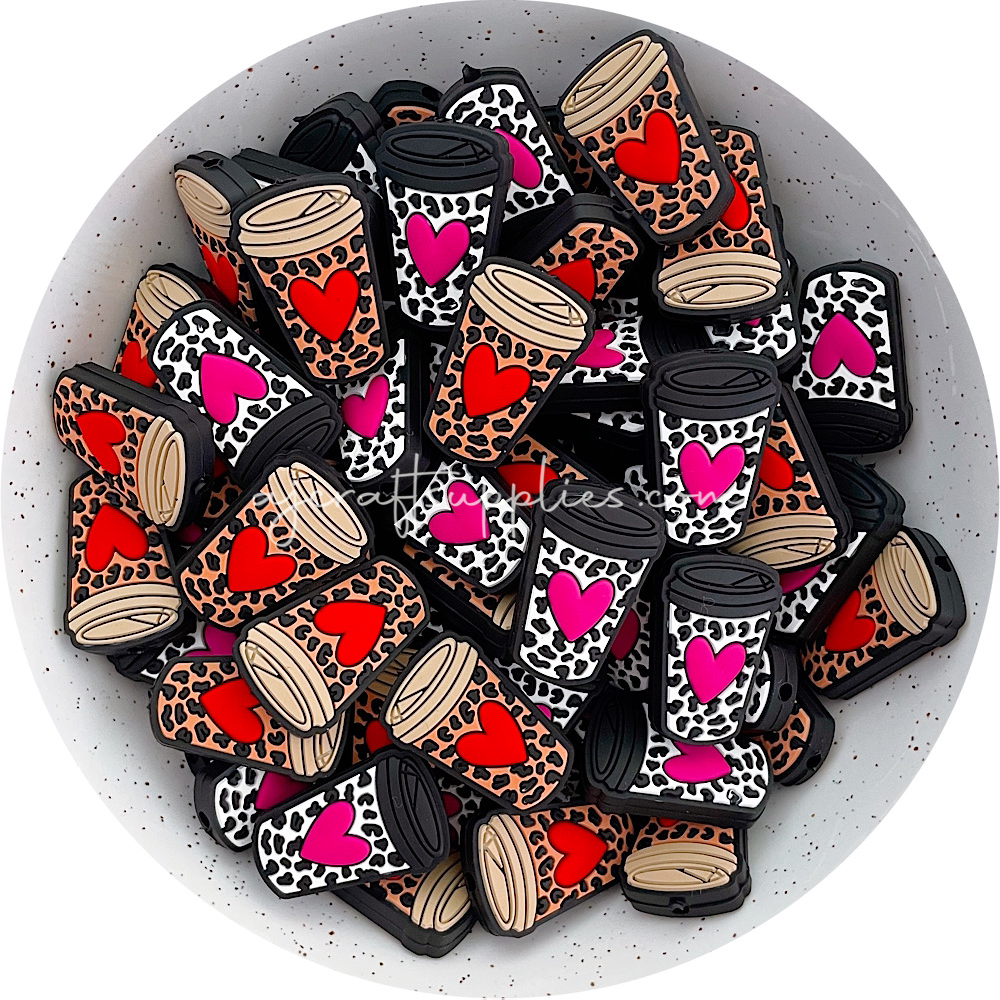 Leopard Love Coffee Cup Silicone Beads - CHOOSE YOUR COLOUR - 2 beads