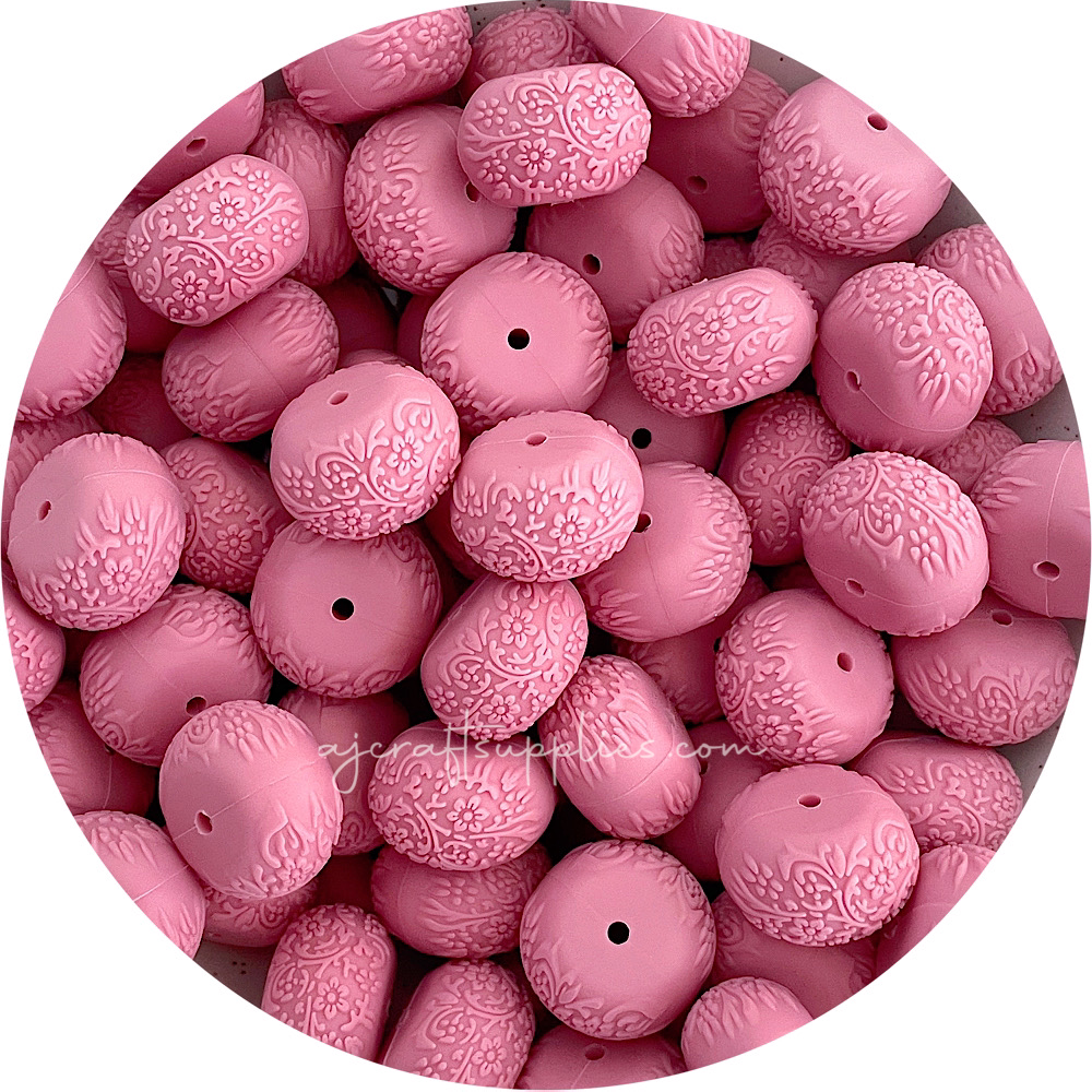 Petal Pink - 22mm abacus (Floral Embossed) Silicone Beads - 5 Beads
