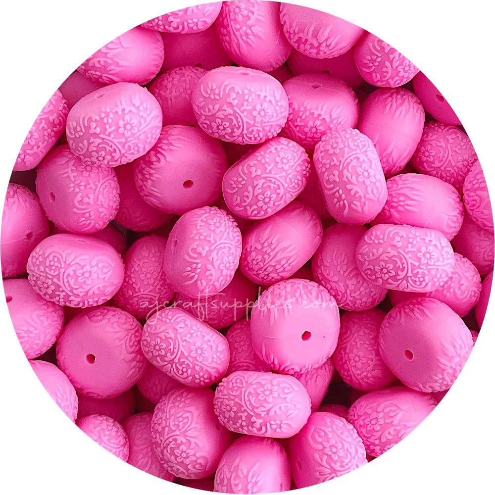 Bubblegum Pink - 22mm abacus (Floral Embossed) Silicone Beads - 5 Beads