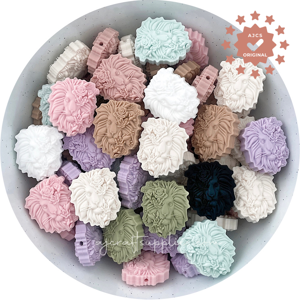 Floral Lion Head Silicone Beads - CHOOSE YOUR COLOUR - 2 beads