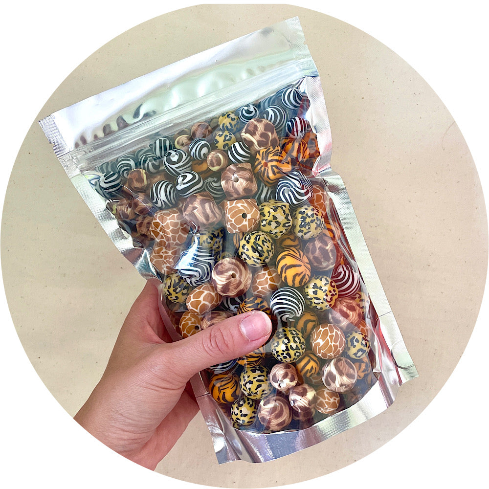 *CLEARANCE* 120 Beads - Mixed Safari Animal Print Silicone Beads Pack RRP$150