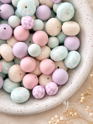 Aqua Gingham Print - 15mm round Silicone Beads - 10 Beads