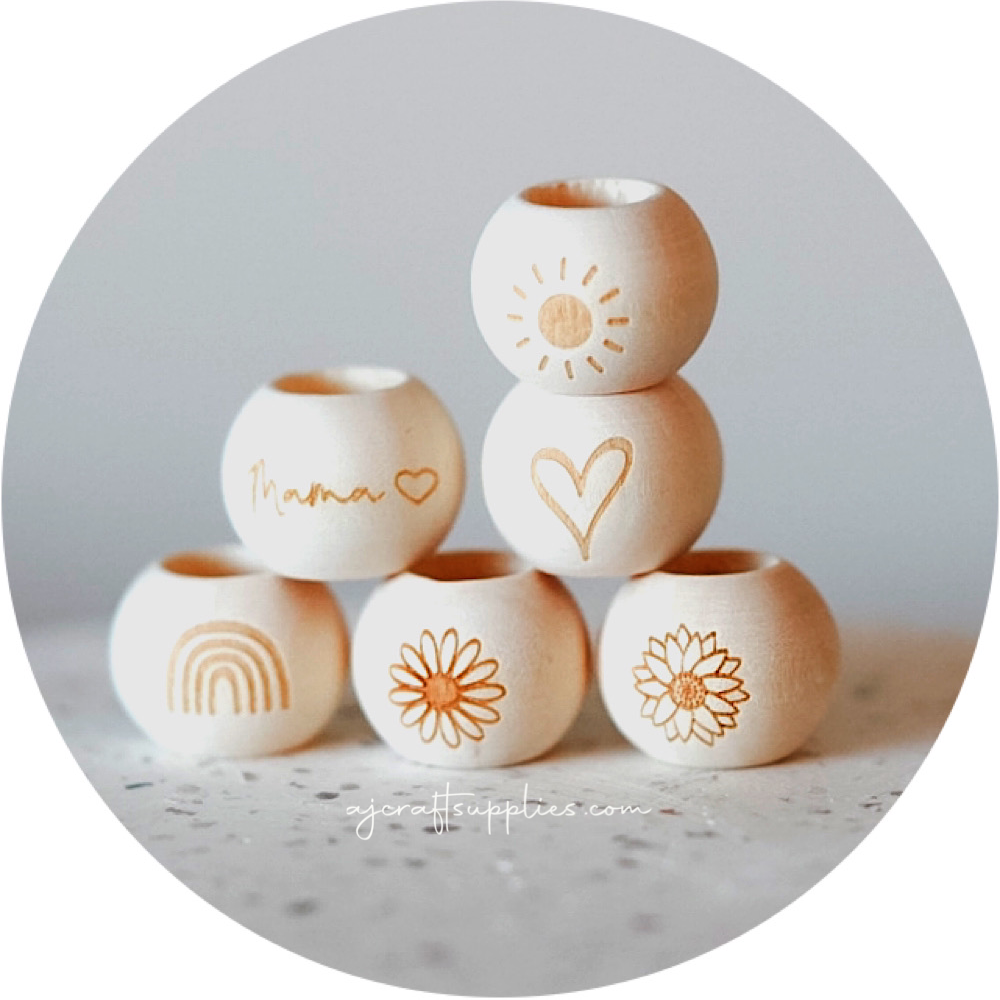 Large Hole Natural Wood Engraved Beads (Choose your Design) - 20mm - 5 beads