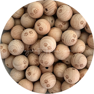Beech Wood Engraved Beads (PAW PRINTS) - CHOOSE A SIZE - 5 beads