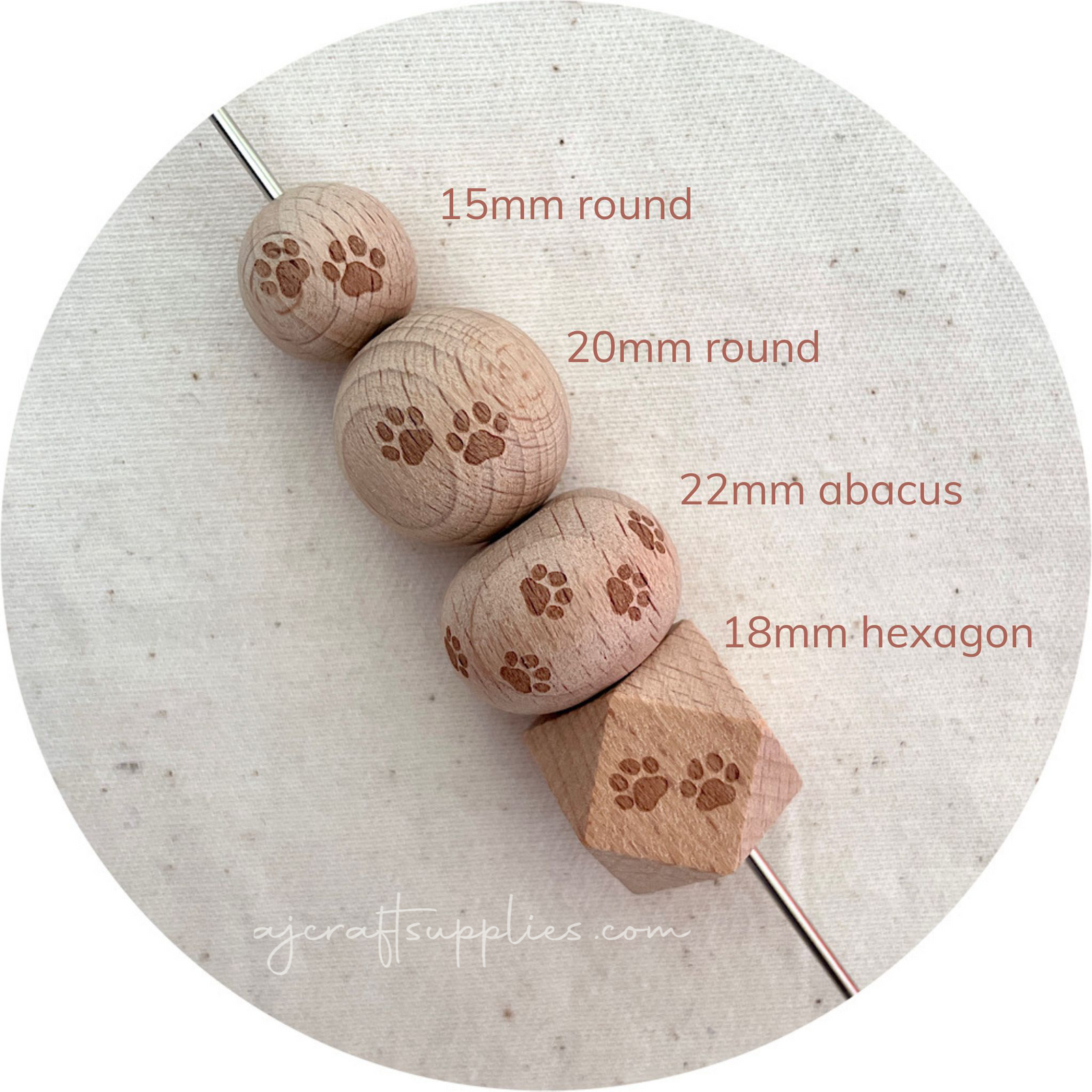 Beech Wood Engraved Beads (PAW PRINTS) - CHOOSE A SIZE - 5 beads
