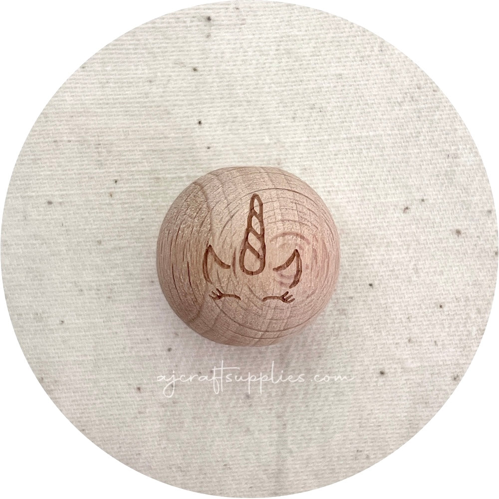 Beech Wood Engraved Beads (Unicorn) - 20mm Round - 5 beads