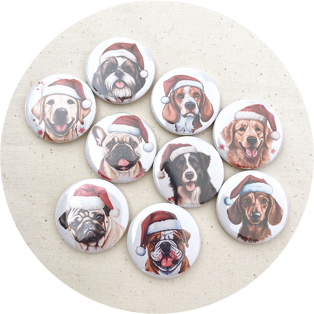 37mm Button Badges (With or Without Pinback) - CHRISTMAS DOGS- 2 badges - CHOOSE YOUR DESIGN