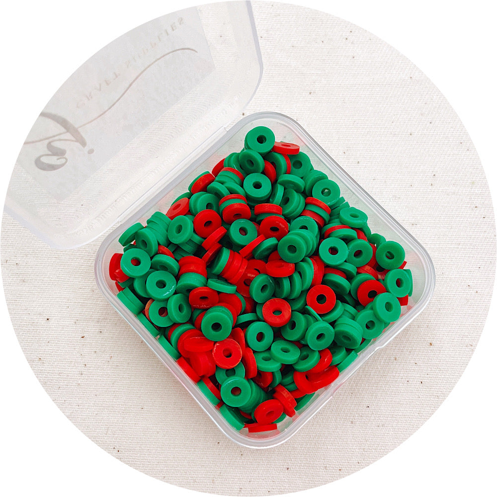 6mm Heishi (Polymer Clay) Beads - Red & Green Mix - 500 Beads / Box