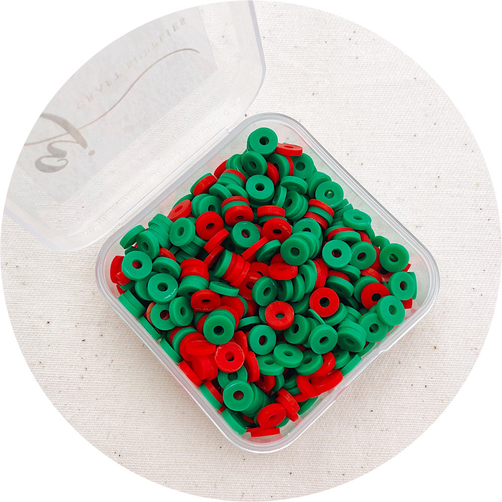 6mm Flat Coin Polymer Clay Spacer Beads - Red & Green Mix - 500 Beads / Box