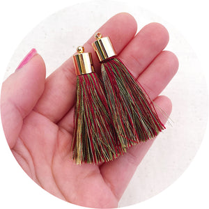 50mm Silk Tassels - Gold Cap - Gold, Red & Green Mix - 2pack