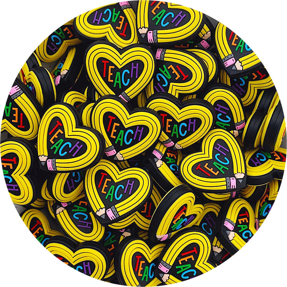 Teach Pencil Love Heart Silicone Beads - 2 beads