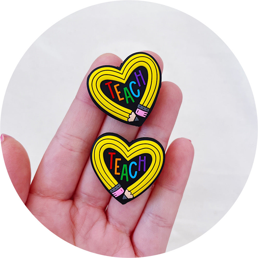Teach Pencil Love Heart Silicone Beads - 2 beads