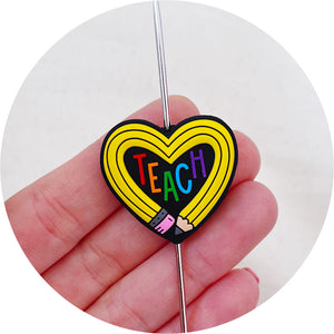Teach Pencil Love Heart Silicone Beads - 2 beads