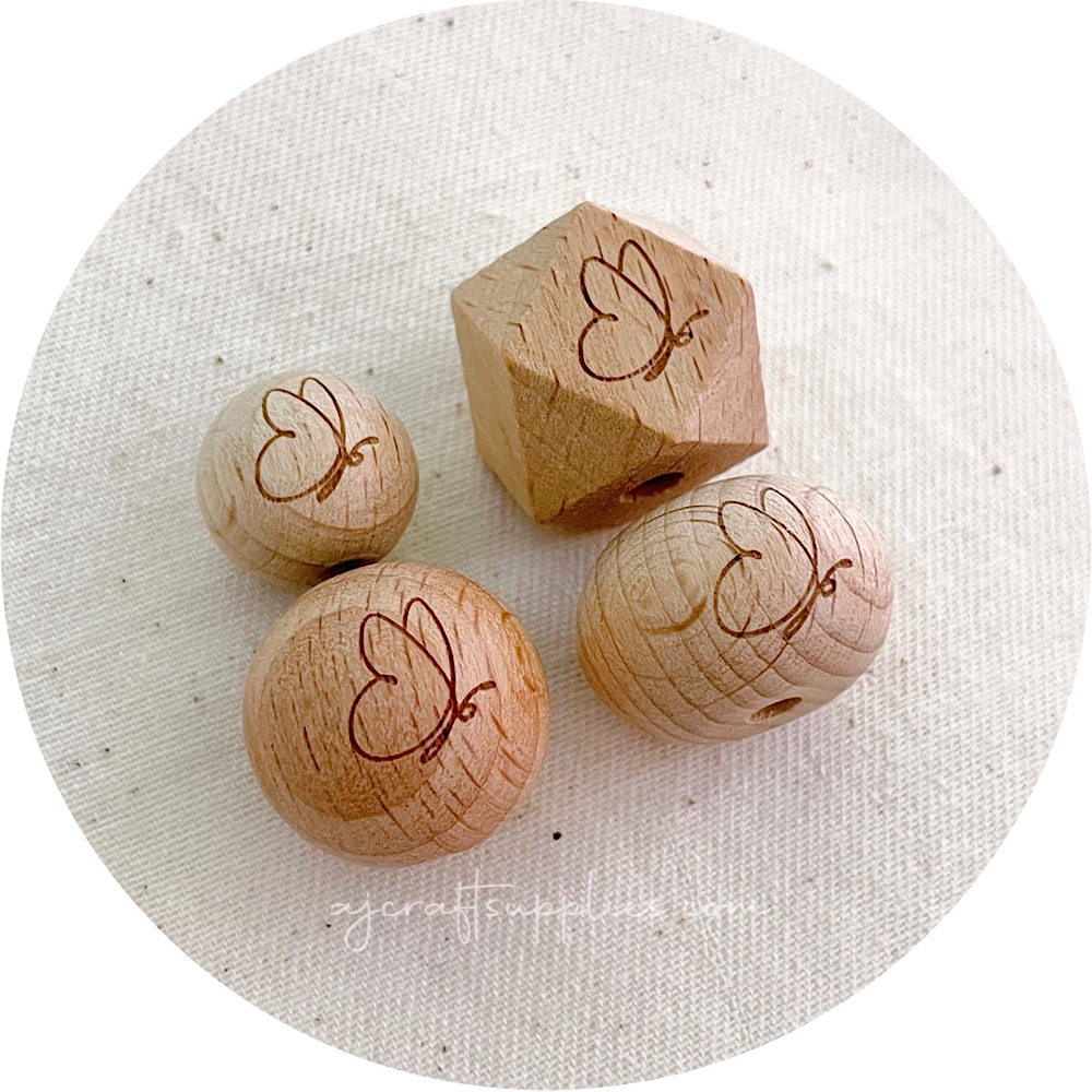 Beech Wood Engraved Beads (BUTTERFLY) - CHOOSE A SIZE - 5 beads