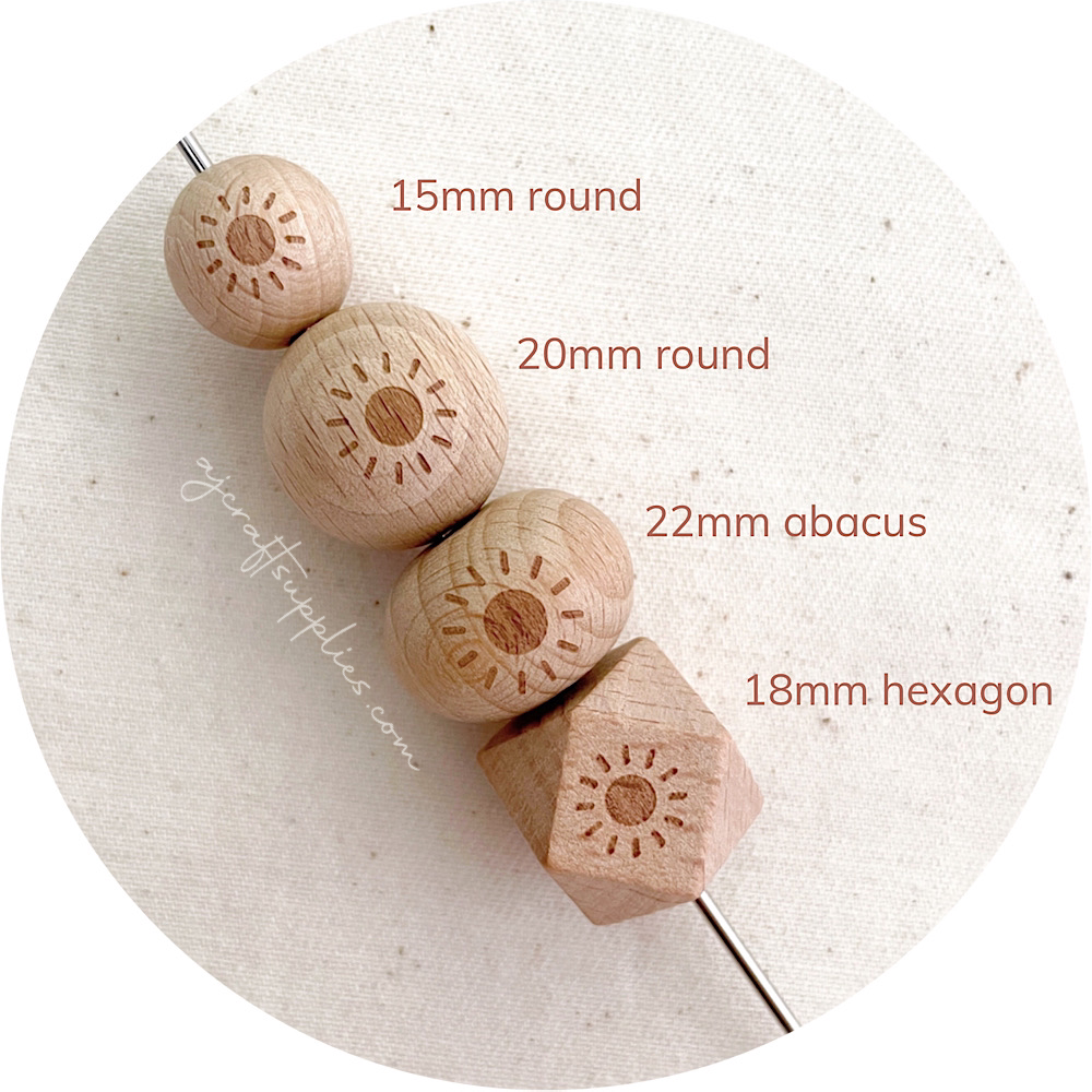Beech Wood Engraved Beads (SUNSHINE) - CHOOSE A SIZE - 5 beads