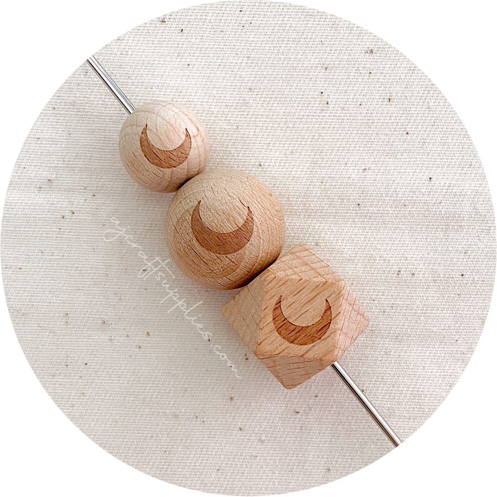 Beech Wood Engraved Beads (CRESCENT MOON) - CHOOSE A SIZE - 5 beads