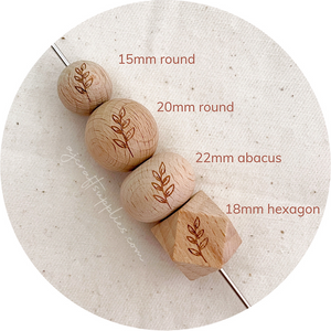 Beech Wood Engraved Beads (FERN LEAF) - CHOOSE A SIZE - 5 beads