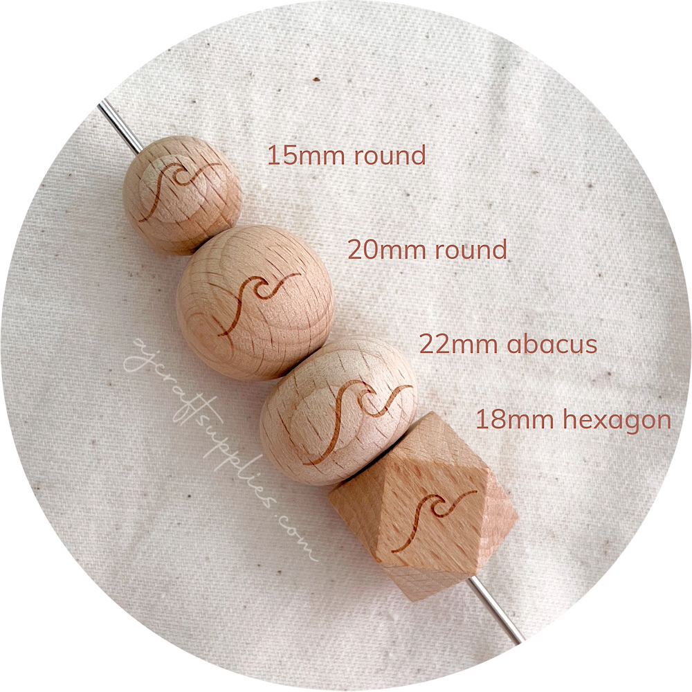 Beech Wood Engraved Beads (WAVE) - CHOOSE A SIZE - 5 beads