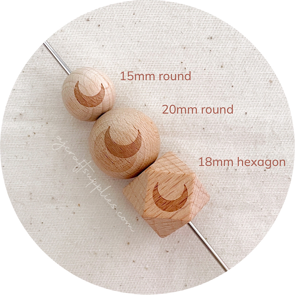 Beech Wood Engraved Beads (CRESCENT MOON) - CHOOSE A SIZE - 5 beads