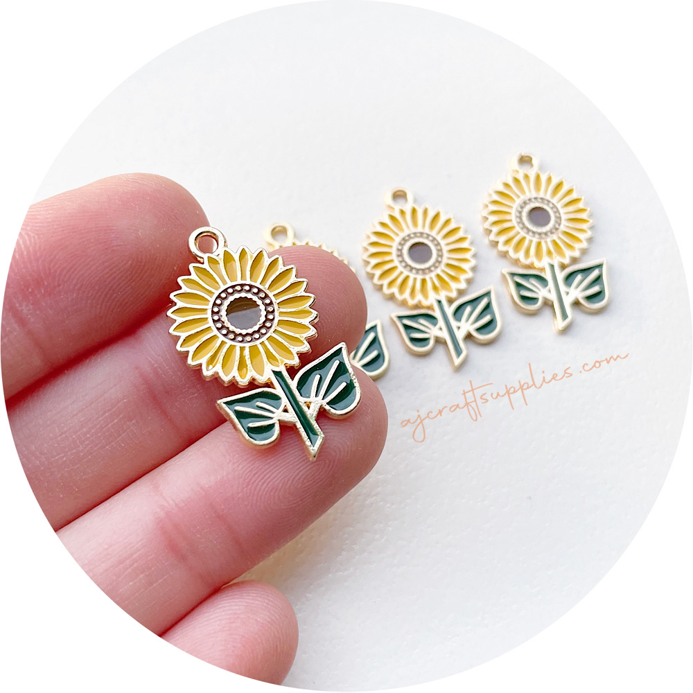 28mm Sunflower Enamel Metal Charms - 2 pcs