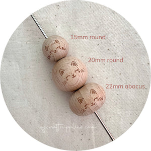 Beech Wood Engraved Beads (KITTY CAT) - CHOOSE A SIZE - 5 beads