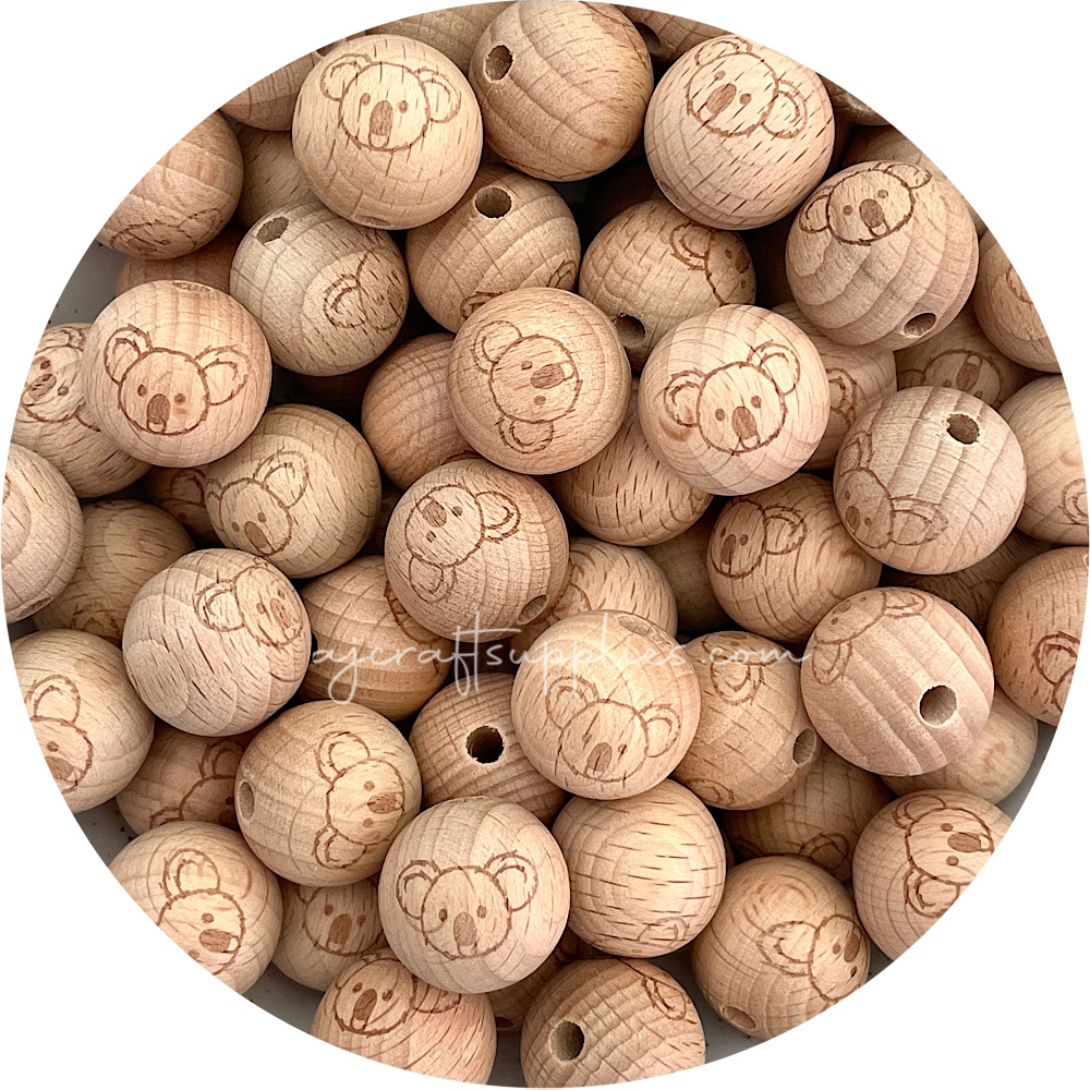 Beech Wood Engraved Beads (KOALA) - CHOOSE A SIZE - 5 beads
