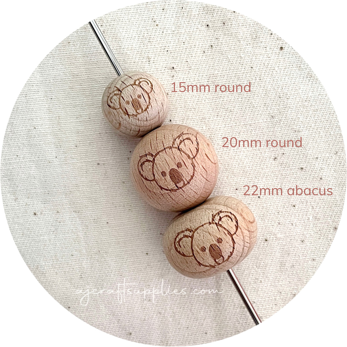 Beech Wood Engraved Beads (KOALA) - CHOOSE A SIZE - 5 beads