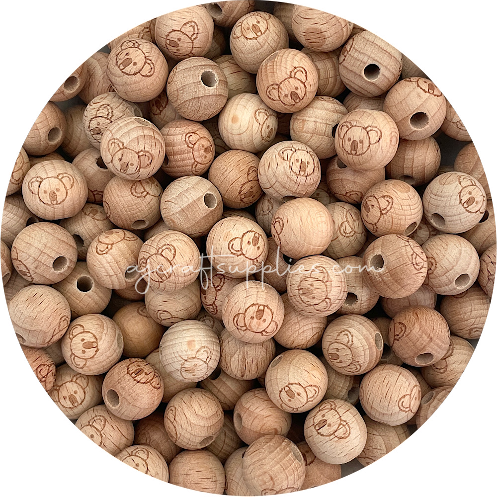 Beech Wood Engraved Beads (KOALA) - CHOOSE A SIZE - 5 beads