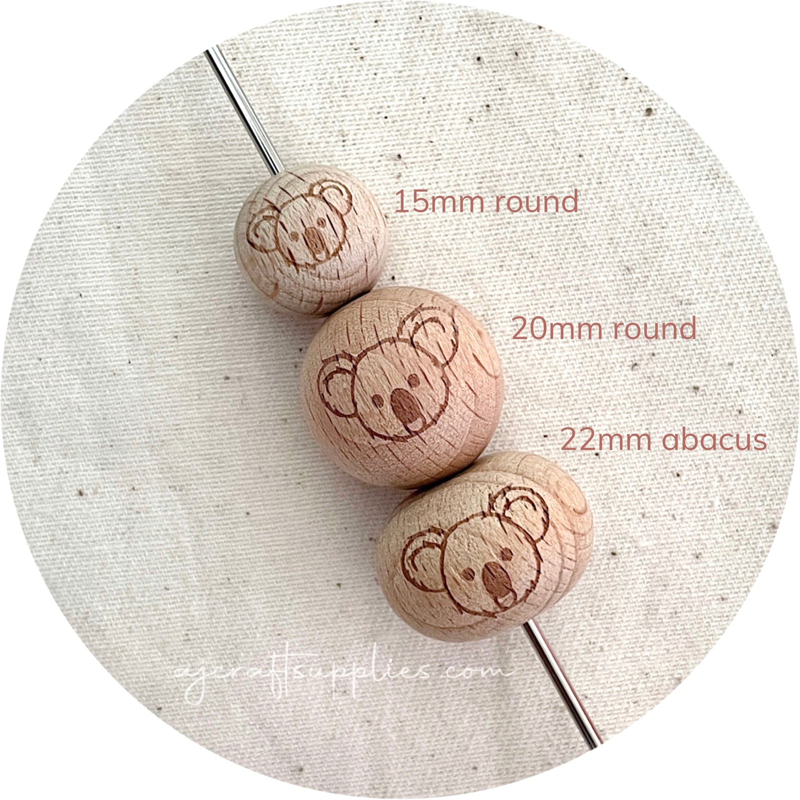 Beech Wood Engraved Beads (KOALA) - CHOOSE A SIZE - 5 beads