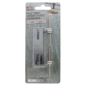 Beadsmith Double Metal Hole Punch in packaging, with 1.5mm & 2mm hole punches visible through a clear plastic window.