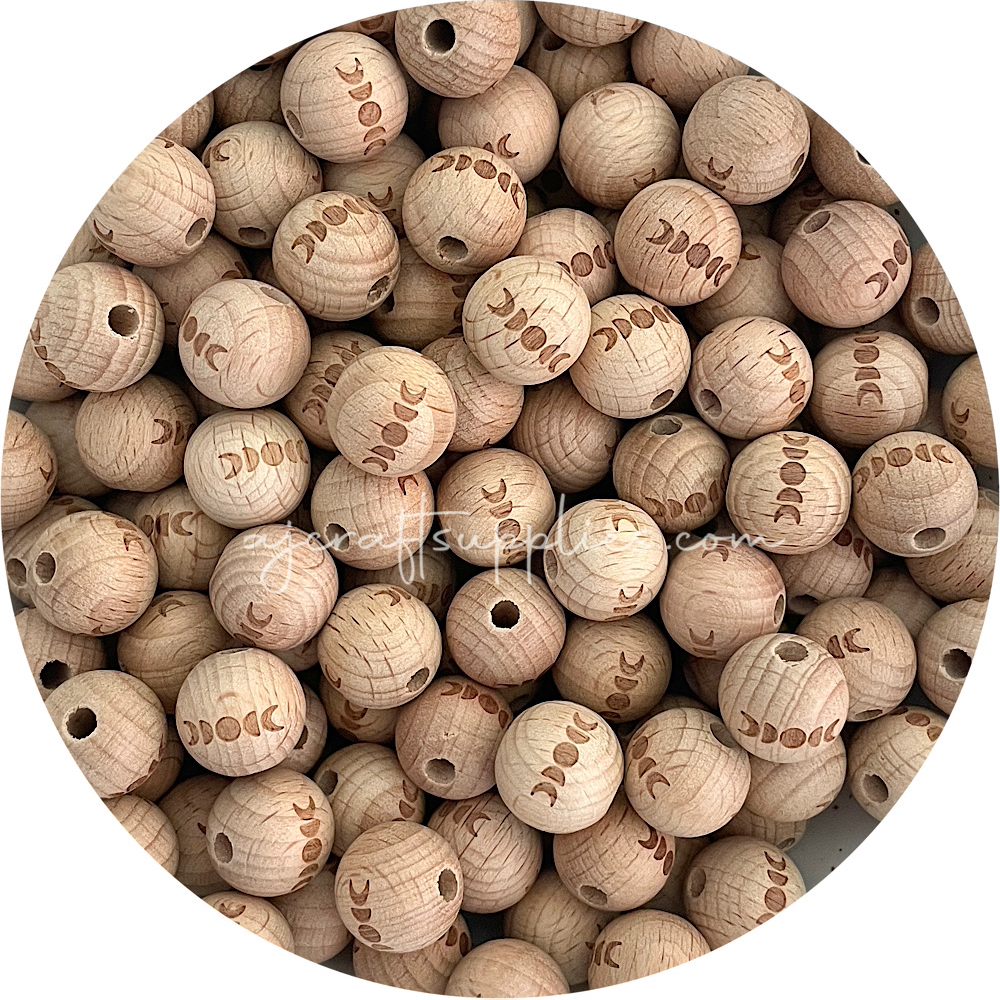 Beech Wood Engraved Beads (MOON PHASE) - CHOOSE A SIZE - 5 beads