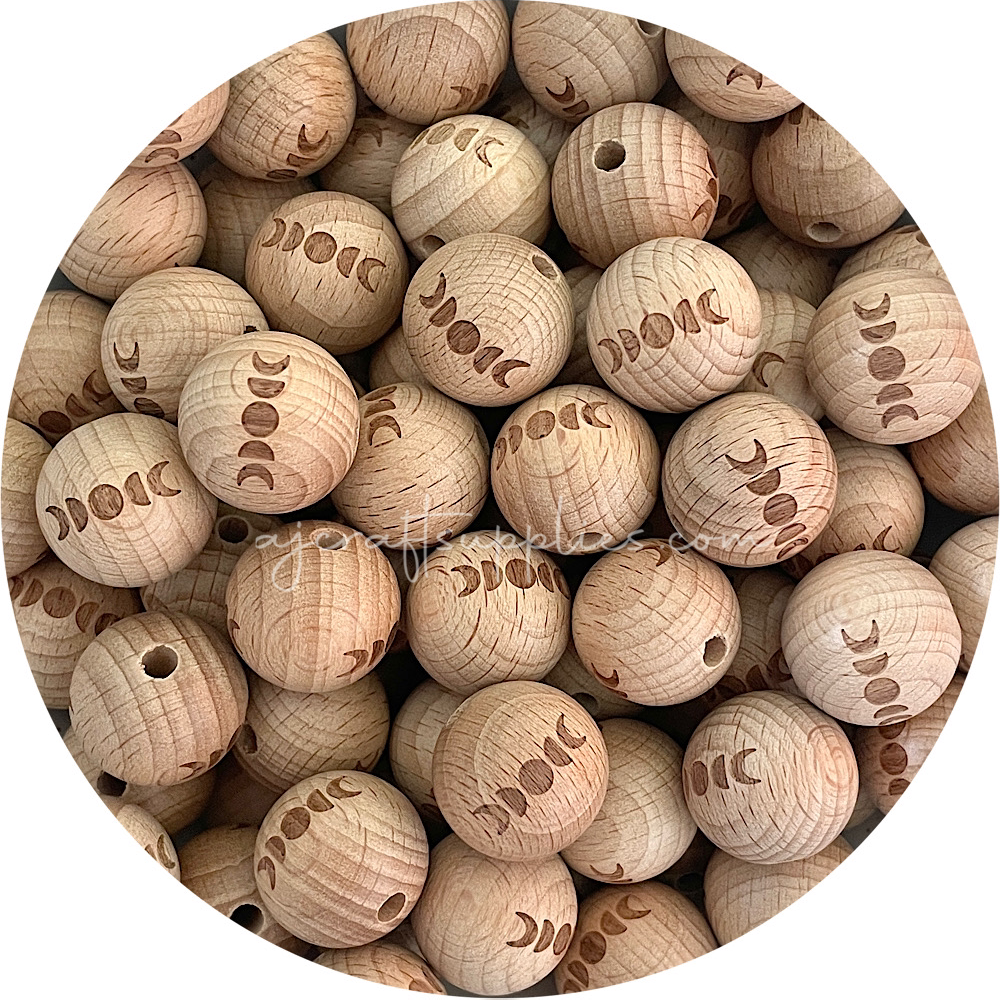Beech Wood Engraved Beads (MOON PHASE) - CHOOSE A SIZE - 5 beads