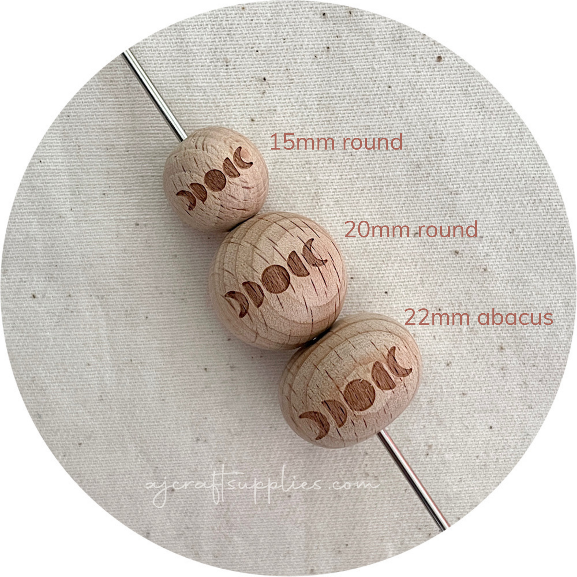 Beech Wood Engraved Beads (MOON PHASE) - CHOOSE A SIZE - 5 beads