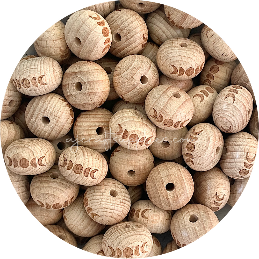 Beech Wood Engraved Beads (MOON PHASE) - CHOOSE A SIZE - 5 beads