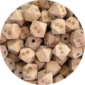 Beech Wood Engraved Beads (PAW PRINTS) - CHOOSE A SIZE - 5 beads