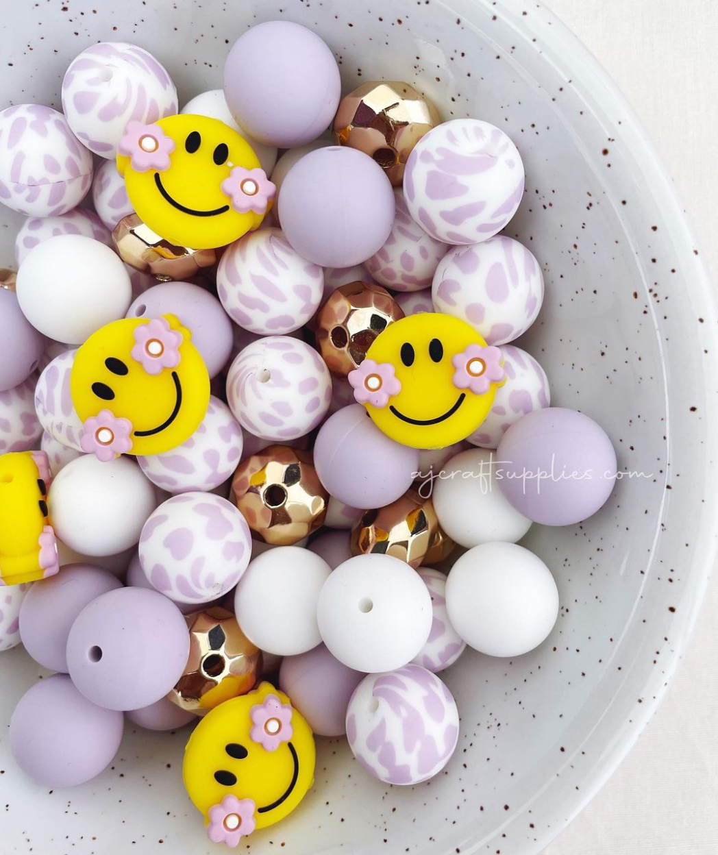 Lilac Cow Print - 19mm round Silicone Beads - 5 Beads